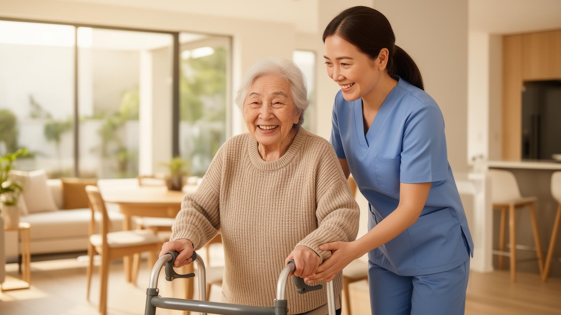 Caregiver assisting a senior using a mobility aid