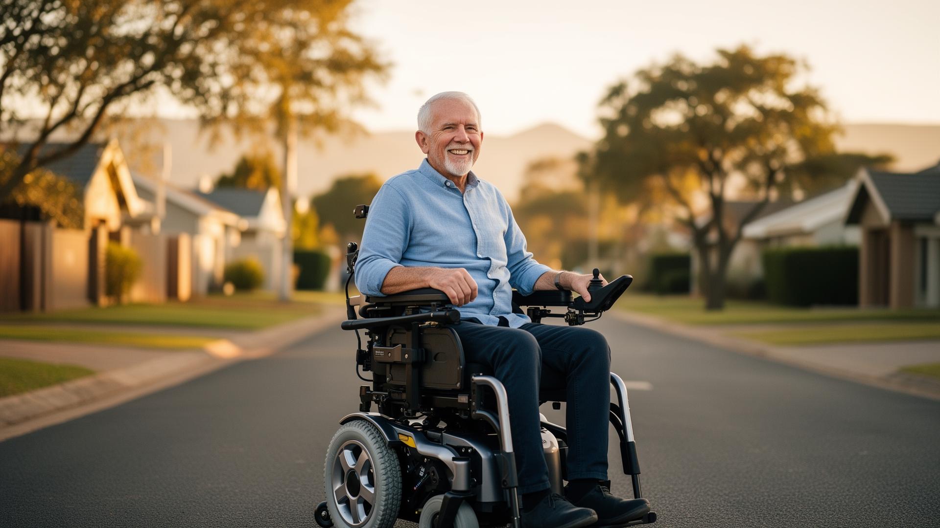 Smiling man in a power wheelchair on a sunny suburban street